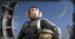 a monkey carrying a space helmet gazes up skyward, his mouth forming an O in awe